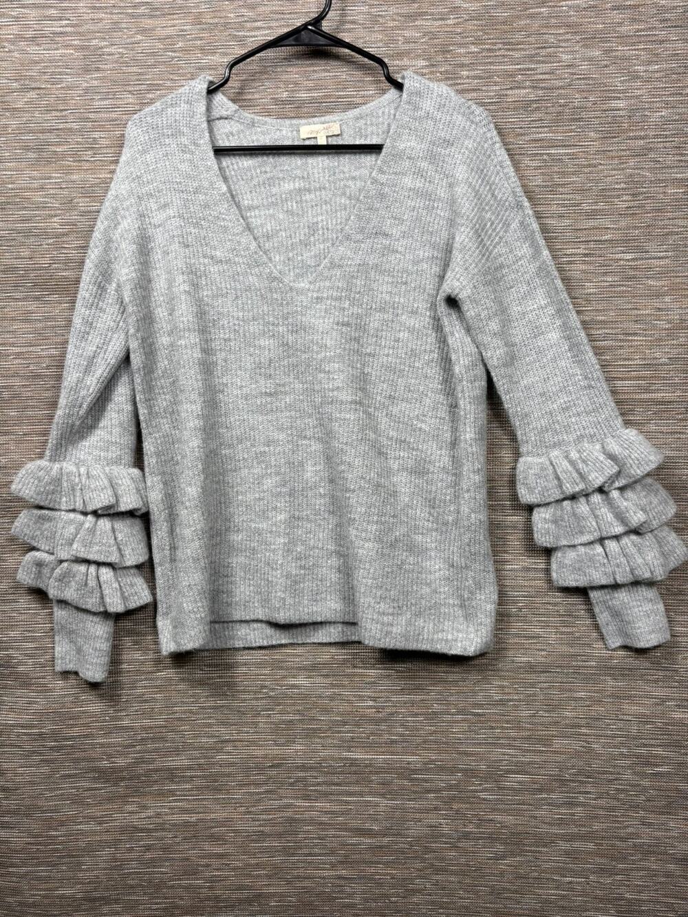 Mystree Knit Sweater Womens Size S Gray Pullover Ruffle Long Sleeve V-Neck